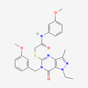 molecular formula C25H27N5O4S B6490005 2-({1-ethyl-6-[(3-methoxyphenyl)methyl]-3-methyl-7-oxo-1H,6H,7H-pyrazolo[4,3-d]pyrimidin-5-yl}sulfanyl)-N-(3-methoxyphenyl)acetamide CAS No. 1358630-27-9