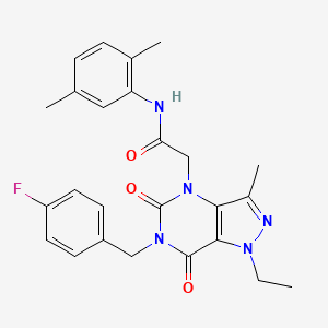 molecular formula C25H26FN5O3 B6490093 N-(2,5-dimethylphenyl)-2-{1-ethyl-6-[(4-fluorophenyl)methyl]-3-methyl-5,7-dioxo-1H,4H,5H,6H,7H-pyrazolo[4,3-d]pyrimidin-4-yl}acetamide CAS No. 1358584-53-8