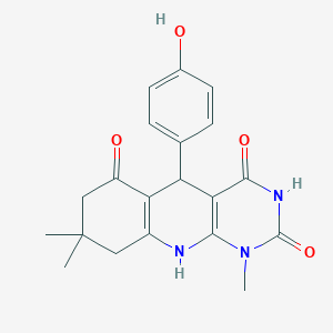 molecular formula C20H21N3O4 B6490221 5-(4-hydroxyphenyl)-1,8,8-trimethyl-1H,2H,3H,4H,5H,6H,7H,8H,9H,10H-pyrimido[4,5-b]quinoline-2,4,6-trione CAS No. 868214-71-5
