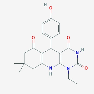 molecular formula C21H23N3O4 B6490234 1-ethyl-5-(4-hydroxyphenyl)-8,8-dimethyl-1H,2H,3H,4H,5H,6H,7H,8H,9H,10H-pyrimido[4,5-b]quinoline-2,4,6-trione CAS No. 868214-79-3