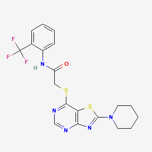 molecular formula C19H18F3N5OS2 B6490466 2-{[2-(piperidin-1-yl)-[1,3]thiazolo[4,5-d]pyrimidin-7-yl]sulfanyl}-N-[2-(trifluoromethyl)phenyl]acetamide CAS No. 1357748-19-6