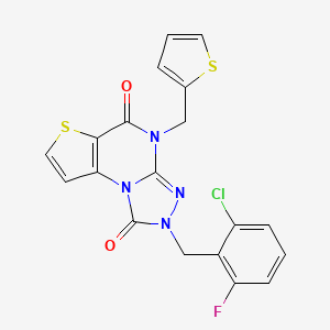molecular formula C19H12ClFN4O2S2 B6490535 11-[(2-chloro-6-fluorophenyl)methyl]-8-[(thiophen-2-yl)methyl]-5-thia-1,8,10,11-tetraazatricyclo[7.3.0.0^{2,6}]dodeca-2(6),3,9-triene-7,12-dione CAS No. 1359408-02-8