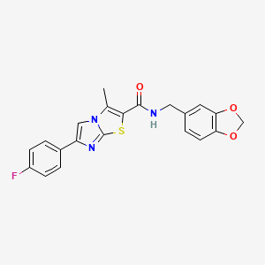 molecular formula C21H16FN3O3S B6490788 N-[(2H-1,3-benzodioxol-5-yl)methyl]-6-(4-fluorophenyl)-3-methylimidazo[2,1-b][1,3]thiazole-2-carboxamide CAS No. 852134-14-6