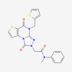 molecular formula C21H17N5O3S2 B6491283 2-{7,12-dioxo-8-[(thiophen-2-yl)methyl]-5-thia-1,8,10,11-tetraazatricyclo[7.3.0.0^{2,6}]dodeca-2(6),3,9-trien-11-yl}-N-methyl-N-phenylacetamide CAS No. 1358499-69-0