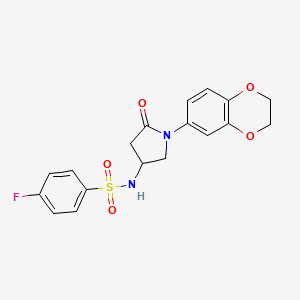 molecular formula C18H17FN2O5S B6491681 N-[1-(2,3-dihydro-1,4-benzodioxin-6-yl)-5-oxopyrrolidin-3-yl]-4-fluorobenzene-1-sulfonamide CAS No. 905688-44-0