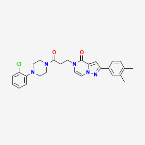 molecular formula C27H28ClN5O2 B6492112 5-{3-[4-(2-chlorophenyl)piperazin-1-yl]-3-oxopropyl}-2-(3,4-dimethylphenyl)-4H,5H-pyrazolo[1,5-a]pyrazin-4-one CAS No. 1326939-83-6