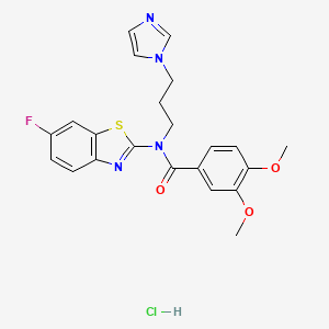 molecular formula C22H22ClFN4O3S B6492829 N-(6-fluoro-1,3-benzothiazol-2-yl)-N-[3-(1H-imidazol-1-yl)propyl]-3,4-dimethoxybenzamide hydrochloride CAS No. 1215642-26-4