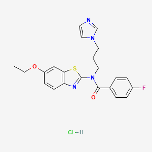 molecular formula C22H22ClFN4O2S B6492843 N-(6-ethoxy-1,3-benzothiazol-2-yl)-4-fluoro-N-[3-(1H-imidazol-1-yl)propyl]benzamide hydrochloride CAS No. 1215707-78-0