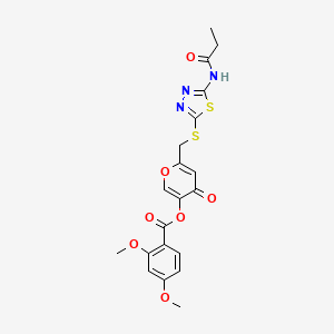 molecular formula C20H19N3O7S2 B6493991 4-oxo-6-{[(5-propanamido-1,3,4-thiadiazol-2-yl)sulfanyl]methyl}-4H-pyran-3-yl 2,4-dimethoxybenzoate CAS No. 896017-90-6