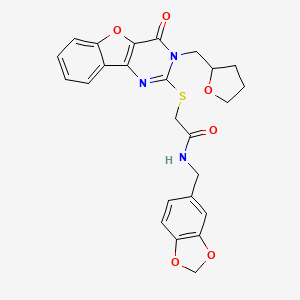 N-[(2H-1,3-benzodioxol-5-yl)methyl]-2-({6-oxo-5-[(oxolan-2-yl)methyl]-8-oxa-3,5-diazatricyclo[7.4.0.0^{2,7}]trideca-1(9),2(7),3,10,12-pentaen-4-yl}sulfanyl)acetamide
