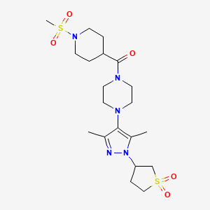 molecular formula C20H33N5O5S2 B6494635 3-{4-[4-(1-methanesulfonylpiperidine-4-carbonyl)piperazin-1-yl]-3,5-dimethyl-1H-pyrazol-1-yl}-1lambda6-thiolane-1,1-dione CAS No. 1334376-57-6