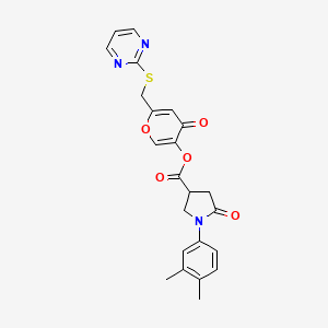 4-oxo-6-[(pyrimidin-2-ylsulfanyl)methyl]-4H-pyran-3-yl 1-(3,4-dimethylphenyl)-5-oxopyrrolidine-3-carboxylate