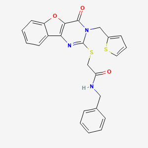 N-benzyl-2-({6-oxo-5-[(thiophen-2-yl)methyl]-8-oxa-3,5-diazatricyclo[7.4.0.0^{2,7}]trideca-1(9),2(7),3,10,12-pentaen-4-yl}sulfanyl)acetamide