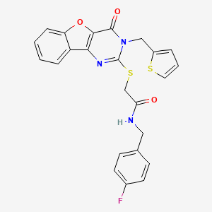 molecular formula C24H18FN3O3S2 B6495429 N-[(4-fluorophenyl)methyl]-2-({6-oxo-5-[(thiophen-2-yl)methyl]-8-oxa-3,5-diazatricyclo[7.4.0.0^{2,7}]trideca-1(9),2(7),3,10,12-pentaen-4-yl}sulfanyl)acetamide CAS No. 899754-78-0