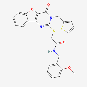 molecular formula C25H21N3O4S2 B6495435 N-[(2-methoxyphenyl)methyl]-2-({6-oxo-5-[(thiophen-2-yl)methyl]-8-oxa-3,5-diazatricyclo[7.4.0.0^{2,7}]trideca-1(9),2(7),3,10,12-pentaen-4-yl}sulfanyl)acetamide CAS No. 899941-86-7
