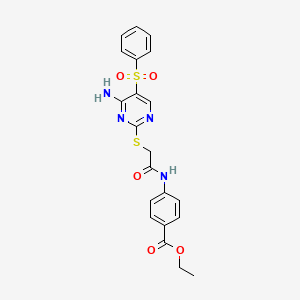 molecular formula C21H20N4O5S2 B6495578 ethyl 4-(2-{[4-amino-5-(benzenesulfonyl)pyrimidin-2-yl]sulfanyl}acetamido)benzoate CAS No. 895648-85-8