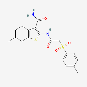 molecular formula C19H22N2O4S2 B6495621 6-methyl-2-[2-(4-methylbenzenesulfonyl)acetamido]-4,5,6,7-tetrahydro-1-benzothiophene-3-carboxamide CAS No. 895447-27-5