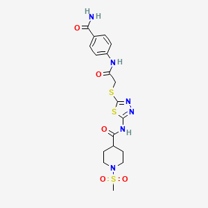molecular formula C18H22N6O5S3 B6496211 N-[5-({[(4-carbamoylphenyl)carbamoyl]methyl}sulfanyl)-1,3,4-thiadiazol-2-yl]-1-methanesulfonylpiperidine-4-carboxamide CAS No. 1351634-27-9