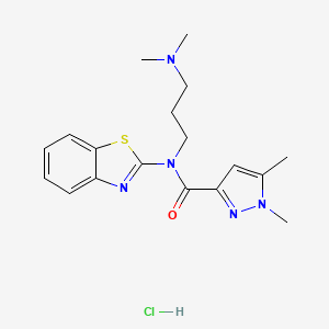 molecular formula C18H24ClN5OS B6496540 N-(1,3-benzothiazol-2-yl)-N-[3-(dimethylamino)propyl]-1,5-dimethyl-1H-pyrazole-3-carboxamide hydrochloride CAS No. 1216466-53-3