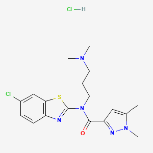 molecular formula C18H23Cl2N5OS B6496548 N-(6-chloro-1,3-benzothiazol-2-yl)-N-[3-(dimethylamino)propyl]-1,5-dimethyl-1H-pyrazole-3-carboxamide hydrochloride CAS No. 1217173-58-4