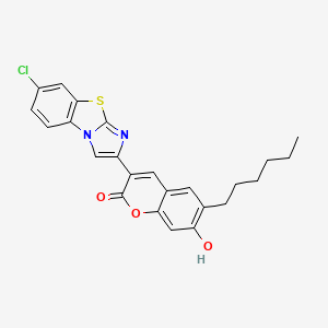 molecular formula C24H21ClN2O3S B6496760 3-{10-chloro-7-thia-2,5-diazatricyclo[6.4.0.0?,?]dodeca-1(12),3,5,8,10-pentaen-4-yl}-6-hexyl-7-hydroxy-2H-chromen-2-one CAS No. 896691-31-9