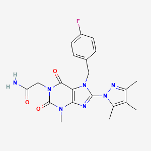molecular formula C21H22FN7O3 B6497021 2-{7-[(4-fluorophenyl)methyl]-3-methyl-2,6-dioxo-8-(3,4,5-trimethyl-1H-pyrazol-1-yl)-2,3,6,7-tetrahydro-1H-purin-1-yl}acetamide CAS No. 1014009-53-0