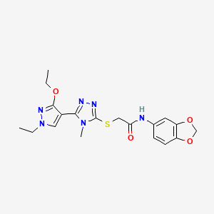 molecular formula C19H22N6O4S B6498631 N-(2H-1,3-benzodioxol-5-yl)-2-{[5-(3-ethoxy-1-ethyl-1H-pyrazol-4-yl)-4-methyl-4H-1,2,4-triazol-3-yl]sulfanyl}acetamide CAS No. 1013775-64-8
