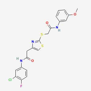 molecular formula C20H17ClFN3O3S2 B6500002 2-[(4-{[(3-chloro-4-fluorophenyl)carbamoyl]methyl}-1,3-thiazol-2-yl)sulfanyl]-N-(3-methoxyphenyl)acetamide CAS No. 941961-69-9