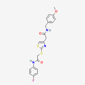 molecular formula C21H20FN3O3S2 B6500011 2-[2-({[(4-fluorophenyl)carbamoyl]methyl}sulfanyl)-1,3-thiazol-4-yl]-N-[(4-methoxyphenyl)methyl]acetamide CAS No. 941980-62-7