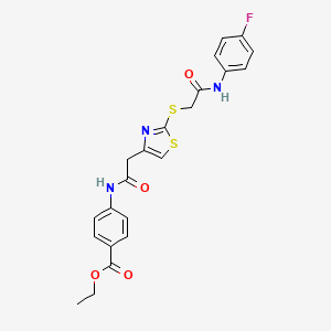 molecular formula C22H20FN3O4S2 B6500019 ethyl 4-{2-[2-({[(4-fluorophenyl)carbamoyl]methyl}sulfanyl)-1,3-thiazol-4-yl]acetamido}benzoate CAS No. 942001-19-6