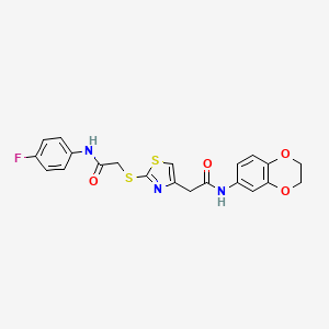 molecular formula C21H18FN3O4S2 B6500028 2-[(4-{[(2,3-dihydro-1,4-benzodioxin-6-yl)carbamoyl]methyl}-1,3-thiazol-2-yl)sulfanyl]-N-(4-fluorophenyl)acetamide CAS No. 941874-43-7
