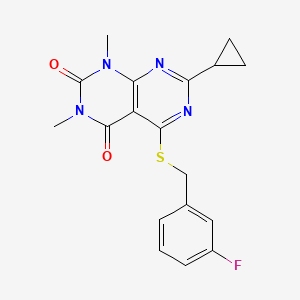 molecular formula C18H17FN4O2S B6500443 7-cyclopropyl-5-{[(3-fluorophenyl)methyl]sulfanyl}-1,3-dimethyl-1H,2H,3H,4H-[1,3]diazino[4,5-d]pyrimidine-2,4-dione CAS No. 863003-20-7