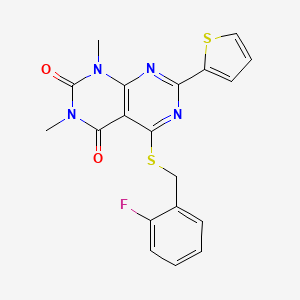 molecular formula C19H15FN4O2S2 B6500444 5-{[(2-fluorophenyl)methyl]sulfanyl}-1,3-dimethyl-7-(thiophen-2-yl)-1H,2H,3H,4H-[1,3]diazino[4,5-d]pyrimidine-2,4-dione CAS No. 847192-22-7