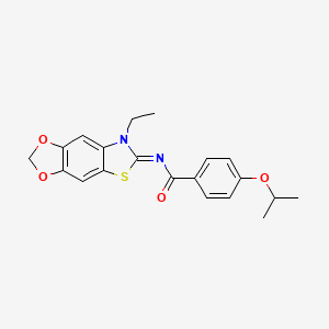 N-[(11E)-12-ethyl-4,6-dioxa-10-thia-12-azatricyclo[7.3.0.0^{3,7}]dodeca-1(9),2,7-trien-11-ylidene]-4-(propan-2-yloxy)benzamide