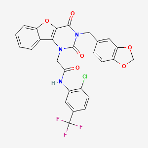 2-{5-[(2H-1,3-benzodioxol-5-yl)methyl]-4,6-dioxo-8-oxa-3,5-diazatricyclo[7.4.0.0^{2,7}]trideca-1(9),2(7),10,12-tetraen-3-yl}-N-[2-chloro-5-(trifluoromethyl)phenyl]acetamide