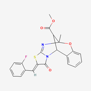 molecular formula C22H17FN2O4S B6502270 methyl (13Z)-13-[(2-fluorophenyl)methylidene]-9-methyl-14-oxo-8-oxa-12-thia-10,15-diazatetracyclo[7.6.1.0^{2,7}.0^{11,15}]hexadeca-2,4,6,10-tetraene-16-carboxylate CAS No. 1192739-33-5