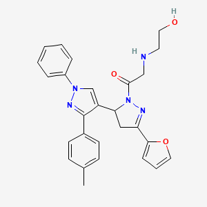 molecular formula C27H27N5O3 B6502612 1-[5-(furan-2-yl)-3'-(4-methylphenyl)-1'-phenyl-3,4-dihydro-1'H,2H-[3,4'-bipyrazole]-2-yl]-2-[(2-hydroxyethyl)amino]ethan-1-one CAS No. 1005929-40-7