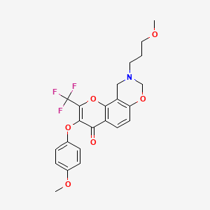 molecular formula C23H22F3NO6 B6502762 3-(4-methoxyphenoxy)-9-(3-methoxypropyl)-2-(trifluoromethyl)-4H,8H,9H,10H-chromeno[8,7-e][1,3]oxazin-4-one CAS No. 951947-94-7