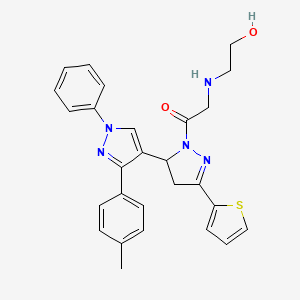 molecular formula C27H27N5O2S B6502893 2-[(2-hydroxyethyl)amino]-1-[3'-(4-methylphenyl)-1'-phenyl-5-(thiophen-2-yl)-3,4-dihydro-1'H,2H-[3,4'-bipyrazole]-2-yl]ethan-1-one CAS No. 1005980-12-0