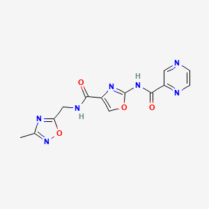 molecular formula C13H11N7O4 B6503615 N-(4-{[(3-methyl-1,2,4-oxadiazol-5-yl)methyl]carbamoyl}-1,3-oxazol-2-yl)pyrazine-2-carboxamide CAS No. 1396886-78-4