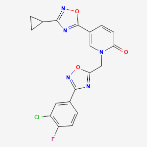 molecular formula C19H13ClFN5O3 B6504797 1-{[3-(3-chloro-4-fluorophenyl)-1,2,4-oxadiazol-5-yl]methyl}-5-(3-cyclopropyl-1,2,4-oxadiazol-5-yl)-1,2-dihydropyridin-2-one CAS No. 1396761-04-8