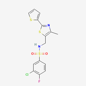 molecular formula C15H12ClFN2O2S3 B6505006 3-chloro-4-fluoro-N-{[4-methyl-2-(thiophen-2-yl)-1,3-thiazol-5-yl]methyl}benzene-1-sulfonamide CAS No. 1396706-65-2