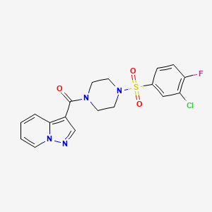 molecular formula C18H16ClFN4O3S B6505549 1-(3-chloro-4-fluorobenzenesulfonyl)-4-{pyrazolo[1,5-a]pyridine-3-carbonyl}piperazine CAS No. 1396682-36-2