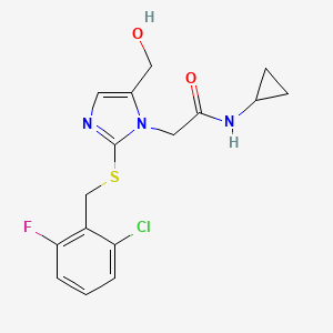 molecular formula C16H17ClFN3O2S B6505765 2-(2-{[(2-chloro-6-fluorophenyl)methyl]sulfanyl}-5-(hydroxymethyl)-1H-imidazol-1-yl)-N-cyclopropylacetamide CAS No. 921524-82-5