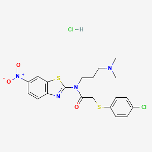 molecular formula C20H22Cl2N4O3S2 B6506514 2-[(4-chlorophenyl)sulfanyl]-N-[3-(dimethylamino)propyl]-N-(6-nitro-1,3-benzothiazol-2-yl)acetamide hydrochloride CAS No. 1216418-08-4