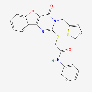 2-({6-oxo-5-[(thiophen-2-yl)methyl]-8-oxa-3,5-diazatricyclo[7.4.0.0^{2,7}]trideca-1(9),2(7),3,10,12-pentaen-4-yl}sulfanyl)-N-phenylacetamide