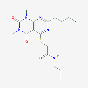 molecular formula C17H25N5O3S B6507936 2-({2-butyl-6,8-dimethyl-5,7-dioxo-5H,6H,7H,8H-[1,3]diazino[4,5-d]pyrimidin-4-yl}sulfanyl)-N-propylacetamide CAS No. 872608-24-7