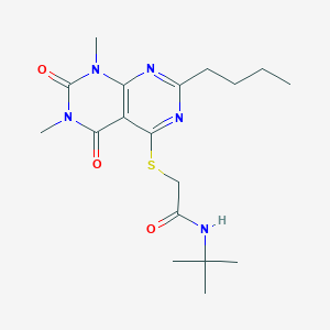 molecular formula C18H27N5O3S B6508118 N-tert-butyl-2-({2-butyl-6,8-dimethyl-5,7-dioxo-5H,6H,7H,8H-[1,3]diazino[4,5-d]pyrimidin-4-yl}sulfanyl)acetamide CAS No. 872608-26-9