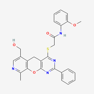 2-{[11-(hydroxymethyl)-14-methyl-5-phenyl-2-oxa-4,6,13-triazatricyclo[8.4.0.0^{3,8}]tetradeca-1(10),3(8),4,6,11,13-hexaen-7-yl]sulfanyl}-N-(2-methoxyphenyl)acetamide