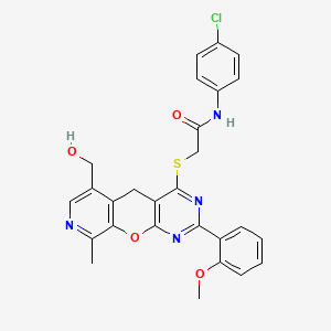 molecular formula C27H23ClN4O4S B6510542 N-(4-chlorophenyl)-2-{[11-(hydroxymethyl)-5-(2-methoxyphenyl)-14-methyl-2-oxa-4,6,13-triazatricyclo[8.4.0.0^{3,8}]tetradeca-1(10),3(8),4,6,11,13-hexaen-7-yl]sulfanyl}acetamide CAS No. 892380-28-8